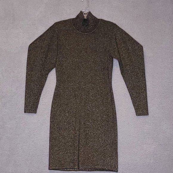 A.L.C. Womens Samuel Bodycon‎ Dress Black Gold Metallic Mock Neck Long Sleeve XS - Picture 1 of 10